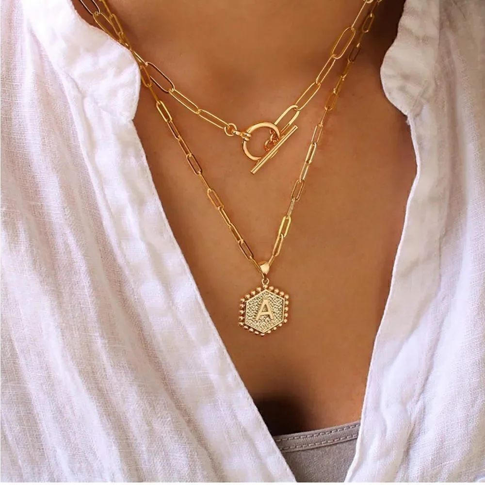 14K Plated Initial Layered Toggle Necklaces